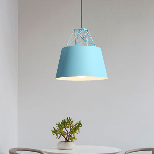 Macaron Style Cage Pendant Light With Metallic Bucket Shade For Restaurants - 1 Head Hanging Lamp