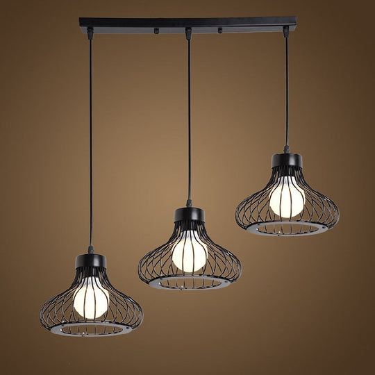 Black Metal Bowl Pendant Light With Wire Cage Shade - 3-Light Farmhouse Restaurant Fixture