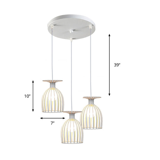 Industrial Metal Wine Glass Pendant Light With Wire Guard - 3 Head Living Room Hanging In White
