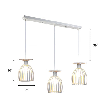 Industrial Metal Wine Glass Pendant Light With Wire Guard - 3 Head Living Room Hanging In White