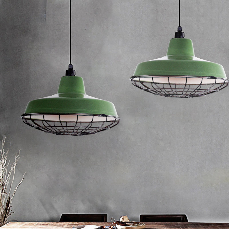 Farmhouse Metal Barn Hanging Ceiling Light - Green/Red Pendant With Wire Guard