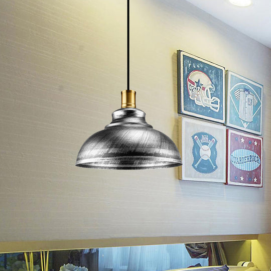 Antique Style Wrought Iron Dome Lamp - 1 Head Restaurant Hanging Light Silver/Bronze/Rust 12’/14