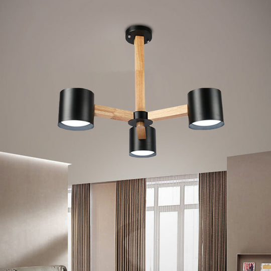 Wood & Iron Nordic Pendant Light With Drum Shade For Study Room In Black/White