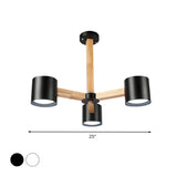 Nordic Style Wood And Iron Drum Shade Chandelier Pendant Light For Study Room In Black/White