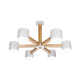 Nordic Style Wood And Iron Drum Shade Chandelier Pendant Light For Study Room In Black/White