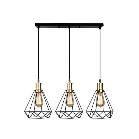 Brass Farmhouse Hanging Lamp With Teardrop Cage Shade And 3 Suspended Bulbs