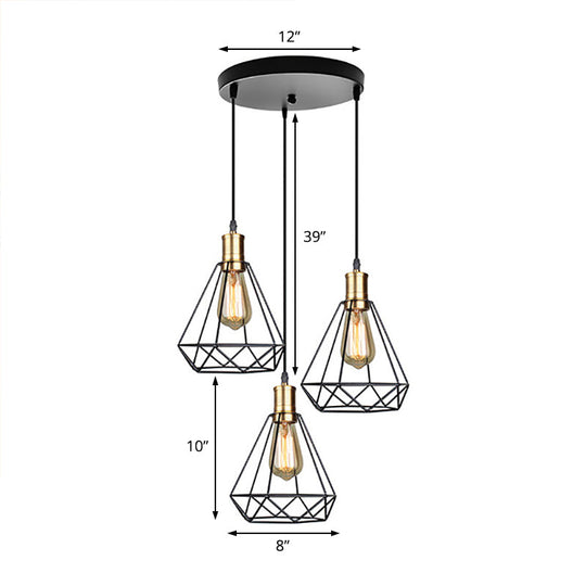 Brass Farmhouse Hanging Lamp With Teardrop Cage Shade And 3 Suspended Bulbs