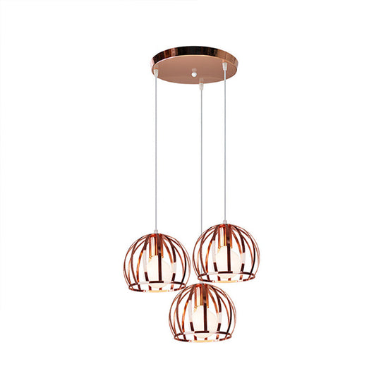 Copper Industrial Pendant Lamp With 3 Metal Dome Shades And Wire Cage - Perfect For Living Room