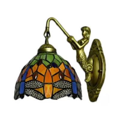 Dome Baroque Stained Glass Wall Light Fixture - Bronze Sconce With Elegant Flower/Dragonfly/Morning