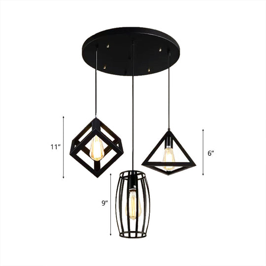 3-Head Pendant Lighting In Black Metal With Retro Stylish Cage Shades For Kitchen Round/Linear