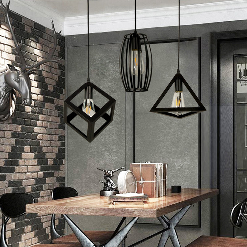 3-Head Pendant Lighting In Black Metal With Retro Stylish Cage Shades For Kitchen Round/Linear