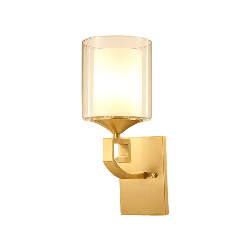 Colonial Style 2-Tier Wall Lamp With Cylindrical Glass Sconce - Brass Finish