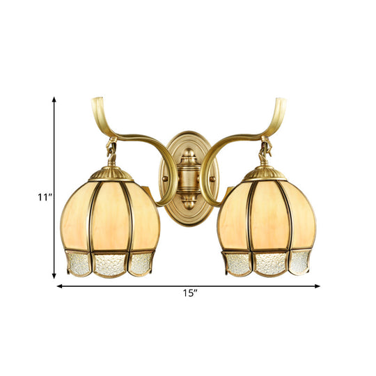 Traditional Tan Glass Brass Finish Sconce Light With Swirl Arm