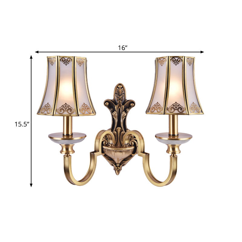 Colonial Style 1/2 Heads Flared Glass Wall Lamp In Brass - Lighting Fixture