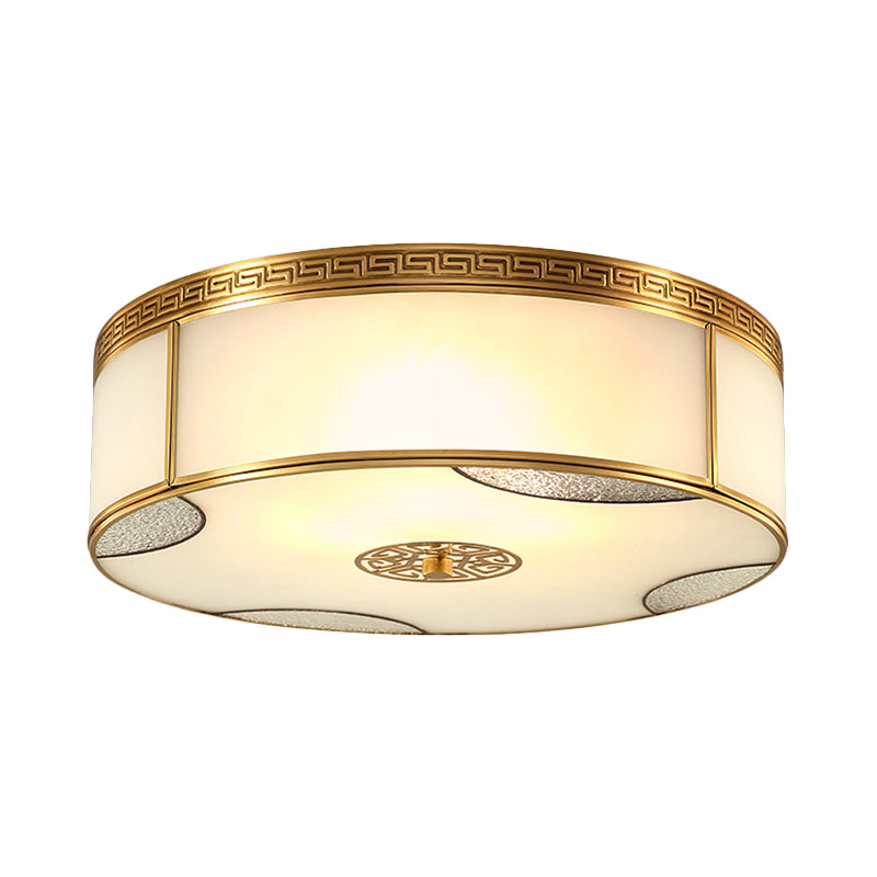 Traditional Brass Flush Mount Drum Ceiling Light With Frosted Glass - 14’/18’ Wide 3/4 - Light