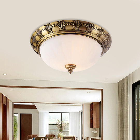 Colonial Style Brass Finish Flush Mount Ceiling Light 2/3/4 Heads White Frosted Glass 12/16/19.5