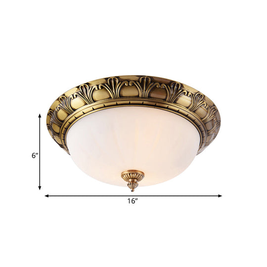 Colonial Style Brass Finish Flush Mount Ceiling Light 2/3/4 Heads White Frosted Glass 12/16/19.5
