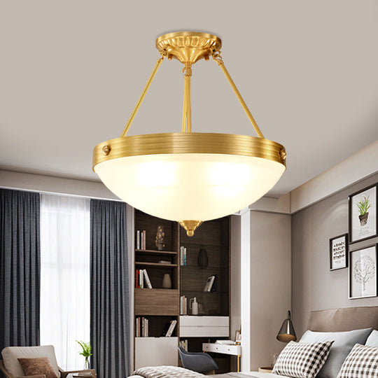 Vintage Brass Bedroom Flushmount Lamp: 4 - Head Semi Flush Light Fixture With Frosted Glass Dome