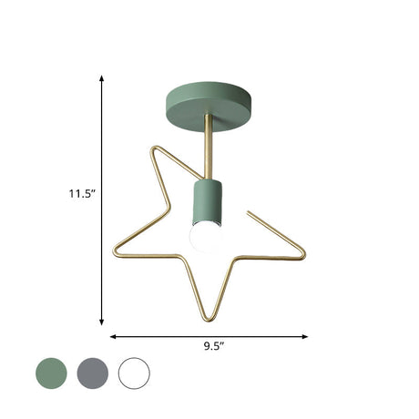 Semi Flush Macaron Iron Ceiling Light With Star/Loving Heart Frame - 1-Light Grey/White/Green Finish