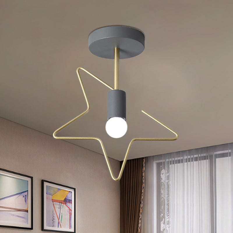 Semi Flush Macaron Iron Ceiling Light With Star/Loving Heart Frame - 1 - Light Grey/White/Green