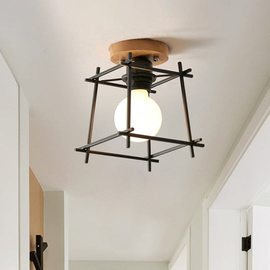 Modern Black Flush Mount Ceiling Lamp With Circle Metal/Wood Canopy / Wood