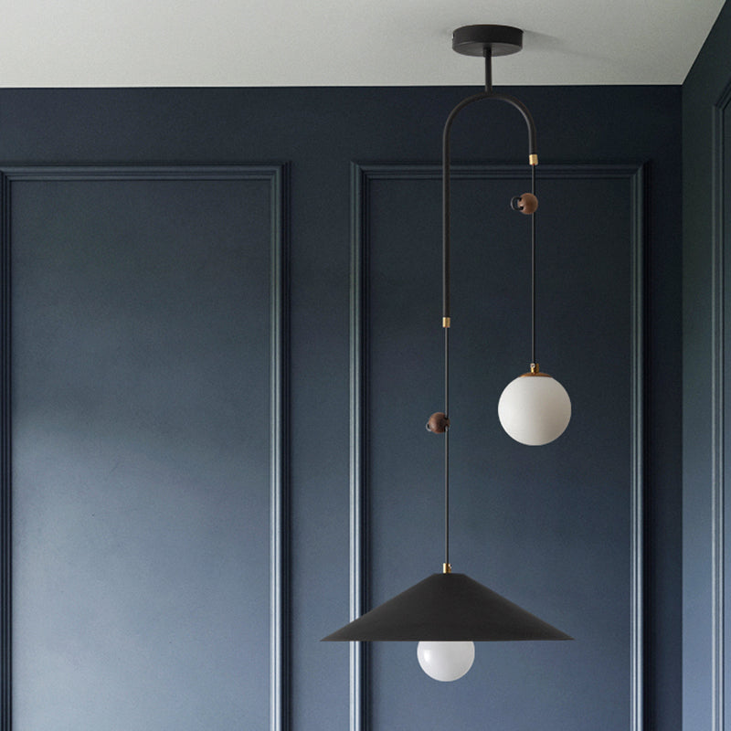 Modernist Orb Opal Glass Pendant Light With 2 Bulbs White/Black 10/14 Wide Black / 10