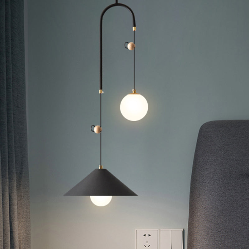 Opal Glass Multi Light Pendant Lamp With Iron Shade - Modern 2 Bulbs White/Black 10’/14’ Wide