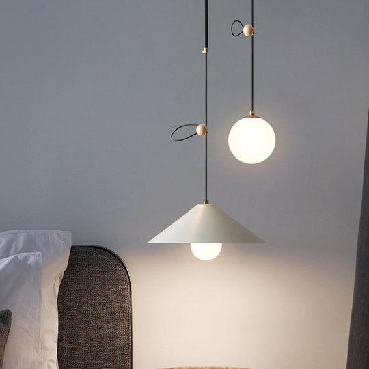 Modernist Orb Opal Glass Pendant Light With 2 Bulbs White/Black 10/14 Wide