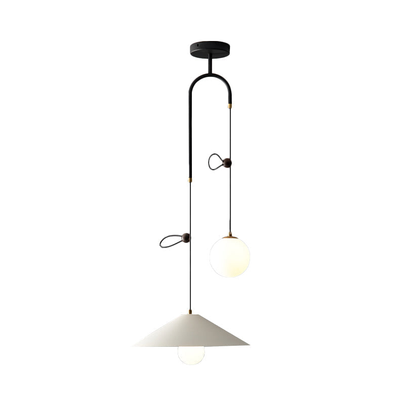 Opal Glass Multi Light Pendant Lamp With Iron Shade - Modern 2 Bulbs White/Black 10’/14’ Wide