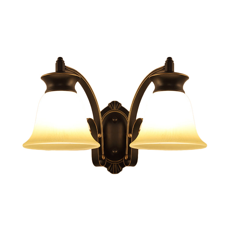 Traditional Black Bell Wall Sconce With Opal Glass For Bedroom Lighting
