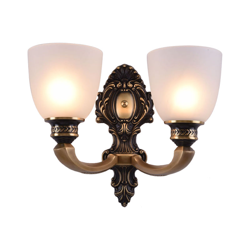 Classic Style Dome Frosted Glass Wall Mount Light Fixture With Brass Finish - 1 Or 2 Head Bedroom