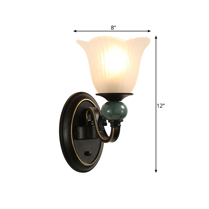 Traditional Wall Mounted Black Flared Lamp With Opal Ribbed Glass And Swirl Arm For Bedroom Sconce