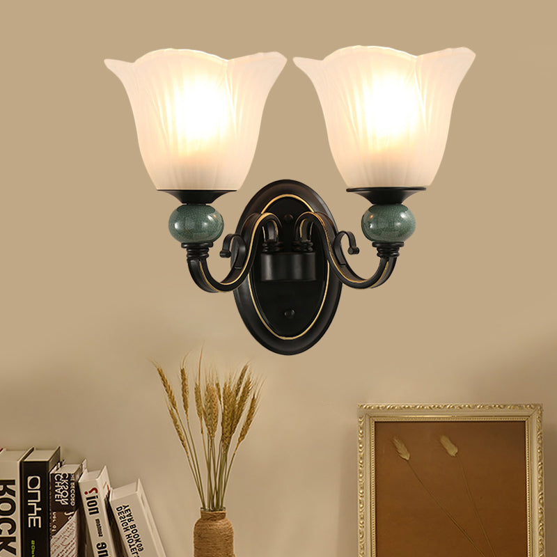 Traditional Wall Mounted Black Flared Lamp With Opal Ribbed Glass And Swirl Arm For Bedroom Sconce 2