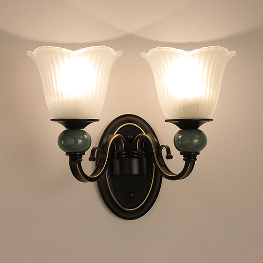 Traditional Wall Mounted Black Flared Lamp With Opal Ribbed Glass And Swirl Arm For Bedroom Sconce