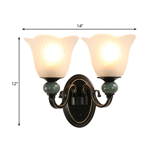 Traditional Wall Mounted Black Flared Lamp With Opal Ribbed Glass And Swirl Arm For Bedroom Sconce