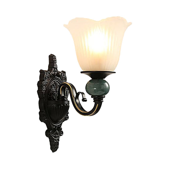 Classic Style Flared Bedroom Wall Light With Frosted Glass - Mounted Black Finish