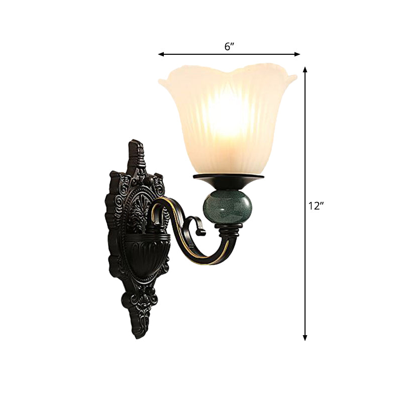 Classic Style Flared Bedroom Wall Light With Frosted Glass - Mounted Black Finish