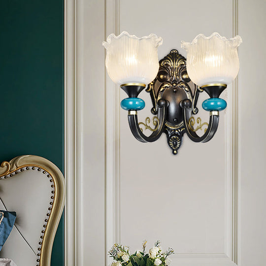 Clear Ribbed Glass Black Sconce Light - Countryside Wall Mounted Lamp With Curved Arm