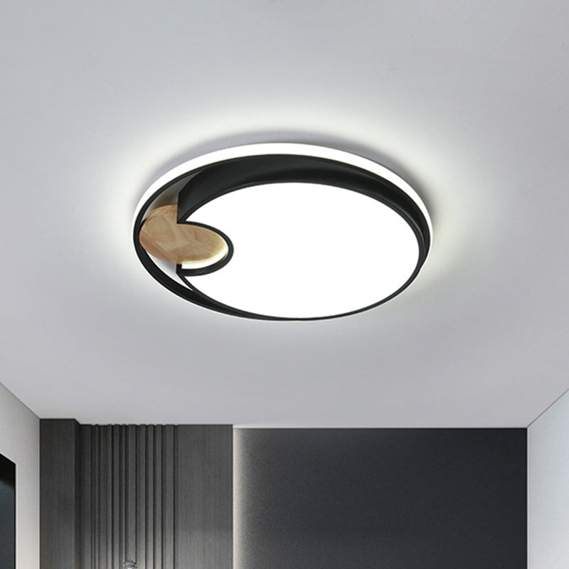 Sleek Black Led Ceiling Light With Wood Accent - Thin Round Acrylic Flush Mount