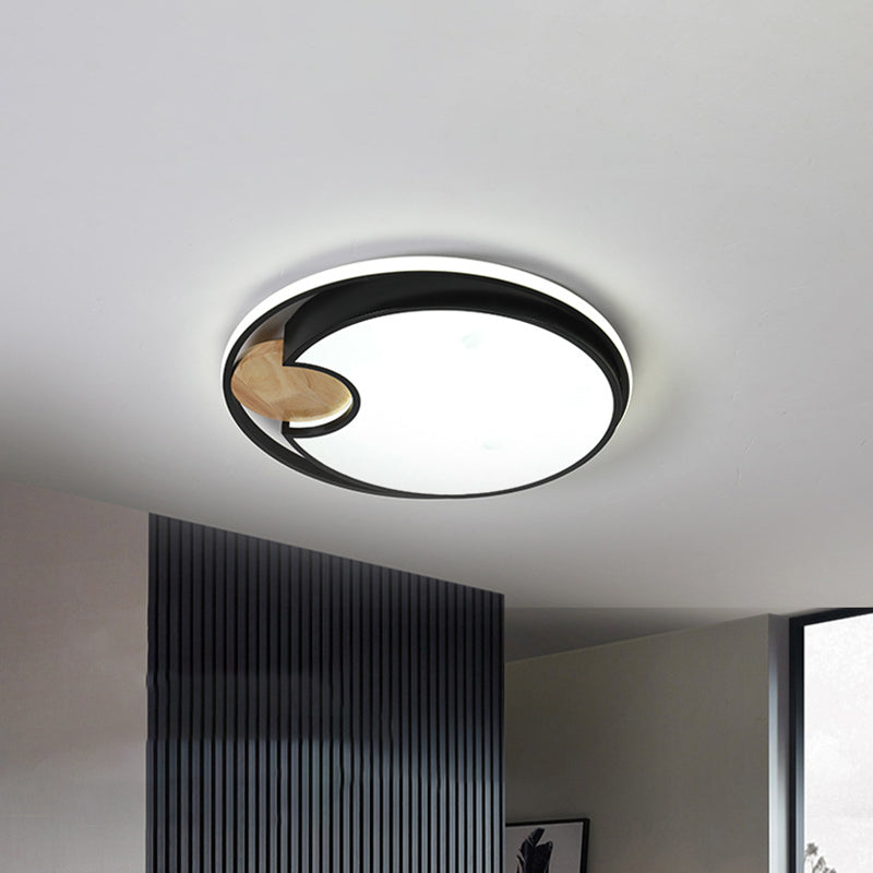 Sleek Black Led Ceiling Light With Wood Accent - Thin Round Acrylic Flush Mount
