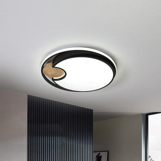 Sleek Black Led Ceiling Light With Wood Accent - Thin Round Acrylic Flush Mount