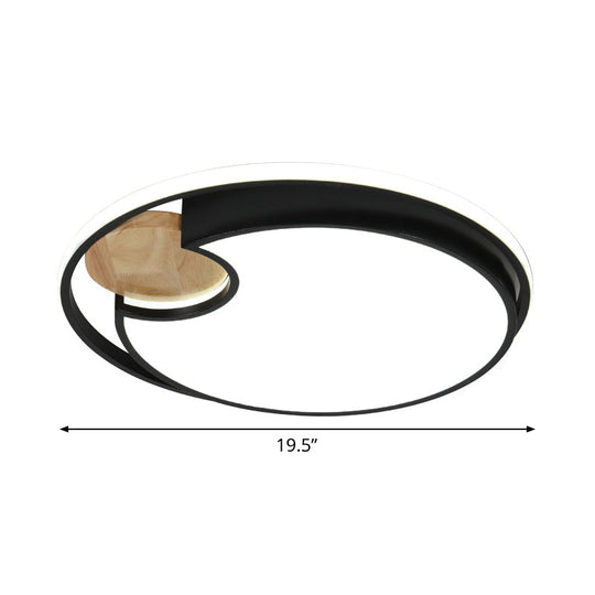 Sleek Black Led Ceiling Light With Wood Accent - Thin Round Acrylic Flush Mount