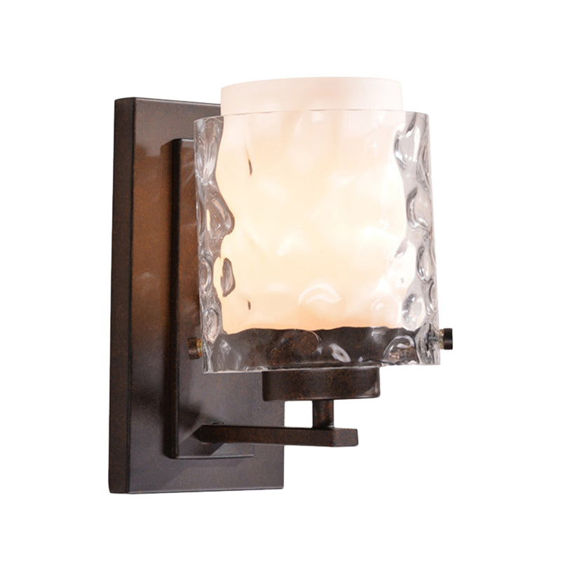 Traditional 1-Light Black Cylinder Sconce Lamp With Clear Water Glass And White Inner Shade