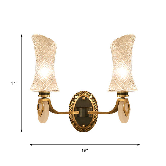 Traditional Brass Finish Arc Wall Lamp With Clear Latticed Glass - Half Light Mounted