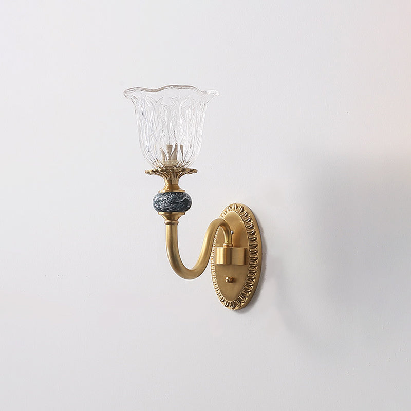 Contemporary Flower Wall Sconce - Clear Glass Lamp In Brass Finish