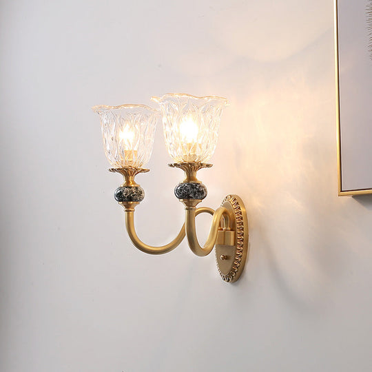 Contemporary Flower Wall Sconce - Clear Glass Lamp In Brass Finish 2 /
