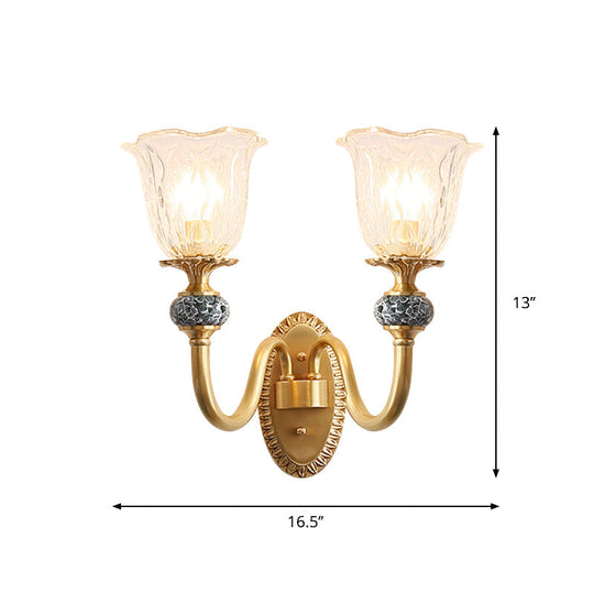 Contemporary Flower Wall Sconce - Clear Glass Lamp In Brass Finish