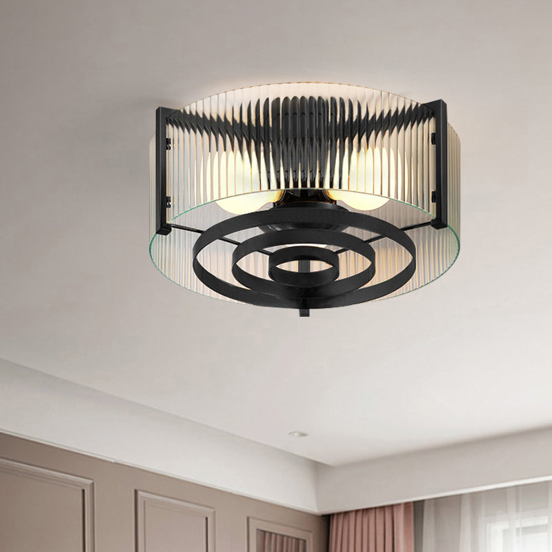 Modernist Black Glass Round Flushmount - Clear Trellis/Stripe 3 Bulbs Bedroom Flush Mounted Light