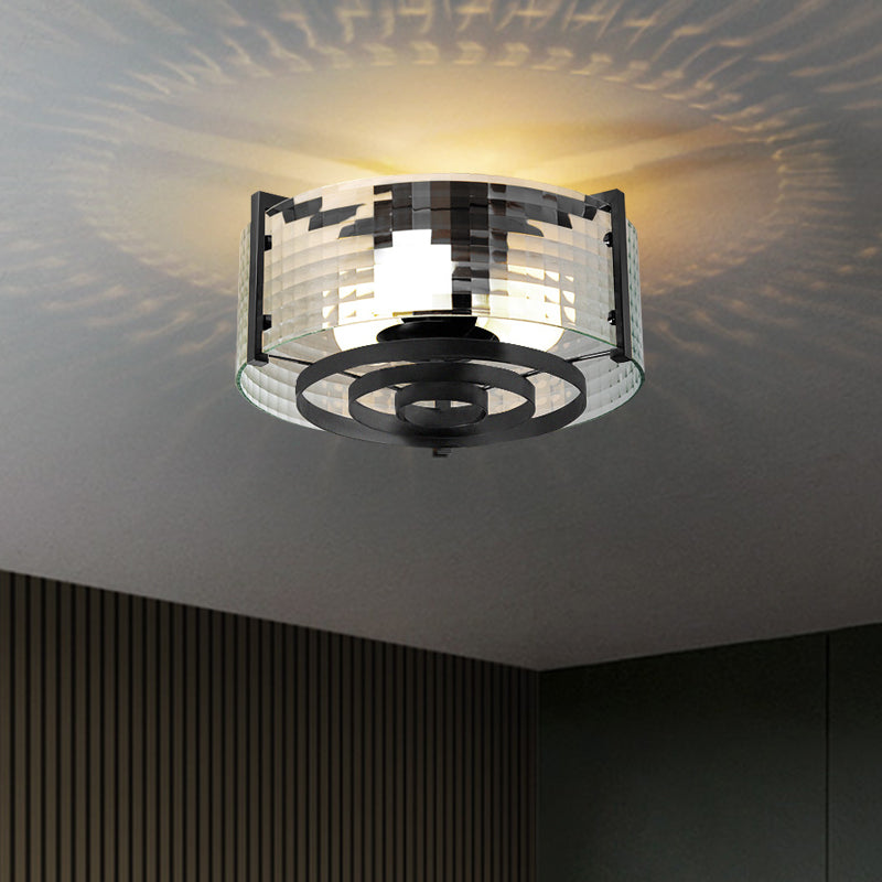Modernist Black Glass Round Flushmount - Clear Trellis/Stripe 3 Bulbs Bedroom Flush Mounted Light