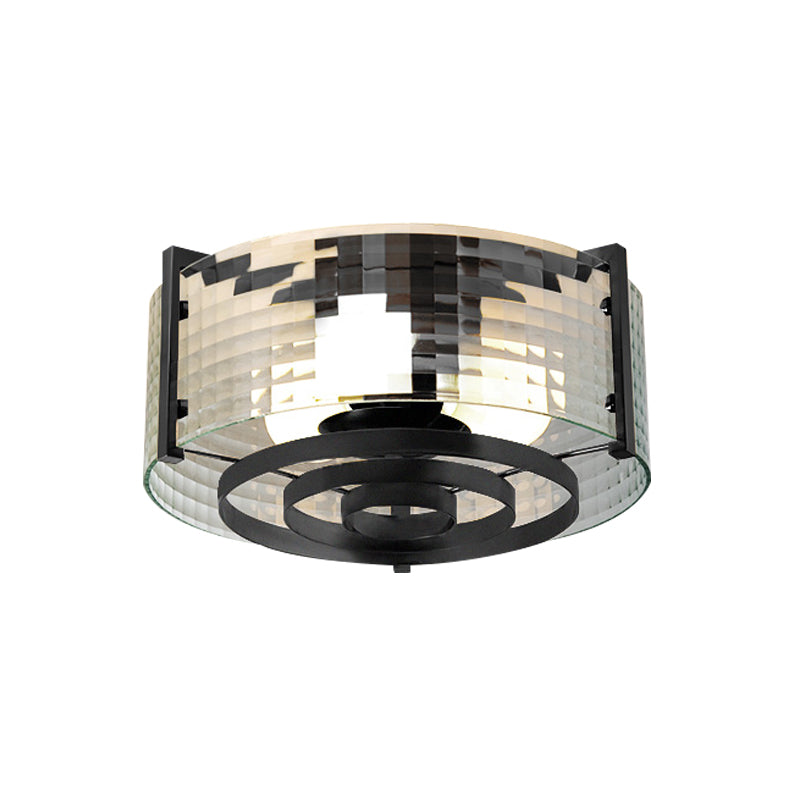 Modernist Black Glass Round Flushmount - Clear Trellis/Stripe 3 Bulbs Bedroom Flush Mounted Light